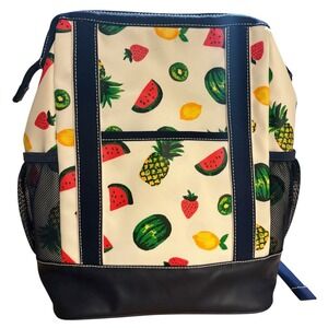 Lands End Large Canvas Coated Fruit Print Backpack Navy Trim Insulated CoolerBag
